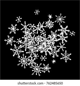 Winter Background with Doodle Snowflakes. Black and White Christmas Decoration. Cute Vector Pattern for Card, Poster, Banner. Frosty Cartoon Background in Trendy Style. Simple Hand Drawn Snowflakes