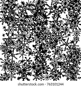 Winter Background with Doodle Snowflakes. Black and White Christmas Decoration. Cute Vector Pattern for Card, Poster, Banner. Frosty Cartoon Background in Trendy Style. Simple Hand Drawn Snowflakes