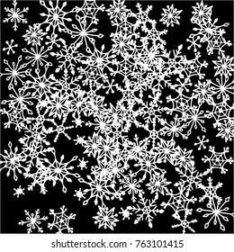 Winter Background with Doodle Snowflakes. Black and White Christmas Decoration. Cute Vector Pattern for Card, Poster, Banner. Frosty Cartoon Background in Trendy Style. Simple Hand Drawn Snowflakes