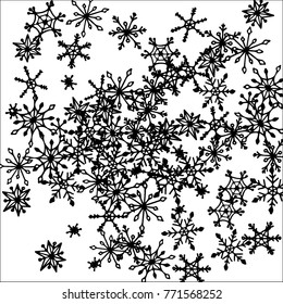 Winter Background with Doodle Snowflakes. Black and White Christmas Decoration. Cute Vector Pattern for Card, Poster, Banner. Frosty Cartoon Background in Trendy Style. Simple Hand Drawn Snowflakes