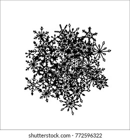 Winter Background with Doodle Snowflakes. Black and White Christmas Decoration. Cute Vector Pattern for Card, Poster, Banner. Frosty Cartoon Background in Trendy Style. Simple Hand Drawn Snowflakes