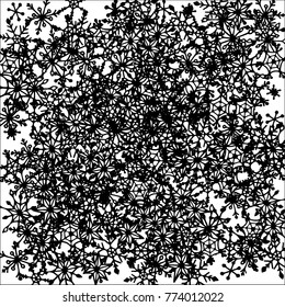 Winter Background with Doodle Snowflakes. Black and White Christmas Decoration. Cute Vector Pattern for Card, Poster, Banner. Frosty Cartoon Background in Trendy Style. Simple Hand Drawn Snowflakes