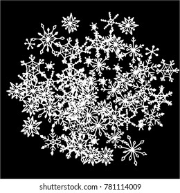 Winter Background with Doodle Snowflakes. Black and White Christmas Decoration. Cute Vector Pattern for Card, Poster, Banner. Frosty Cartoon Background in Trendy Style. Simple Hand Drawn Snowflakes
