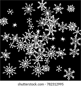 Winter Background with Doodle Snowflakes. Black and White Christmas Decoration. Cute Vector Pattern for Card, Poster, Banner. Frosty Cartoon Background in Trendy Style. Simple Hand Drawn Snowflakes