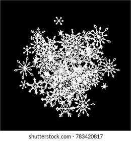 Winter Background with Doodle Snowflakes. Black and White Christmas Decoration. Cute Vector Pattern for Card, Poster, Banner. Frosty Cartoon Background in Trendy Style. Simple Hand Drawn Snowflakes