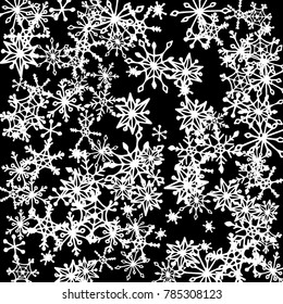 Winter Background with Doodle Snowflakes. Black and White Christmas Decoration. Cute Vector Pattern for Card, Poster, Banner. Frosty Cartoon Background in Trendy Style. Simple Hand Drawn Snowflakes