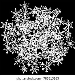 Winter Background with Doodle Snowflakes. Black and White Christmas Decoration. Cute Vector Pattern for Card, Poster, Banner. Frosty Cartoon Background in Trendy Style. Simple Hand Drawn Snowflakes