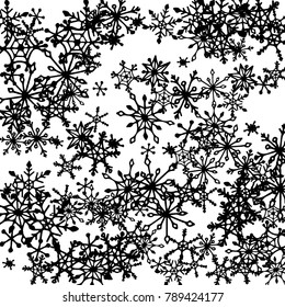 Winter Background with Doodle Snowflakes. Black and White Christmas Decoration. Cute Vector Pattern for Card, Poster, Banner. Frosty Cartoon Background in Trendy Style. Simple Hand Drawn Snowflakes