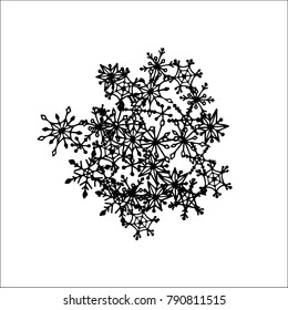Winter Background with Doodle Snowflakes. Black and White Christmas Decoration. Cute Vector Pattern for Card, Poster, Banner. Frosty Cartoon Background in Trendy Style. Simple Hand Drawn Snowflakes