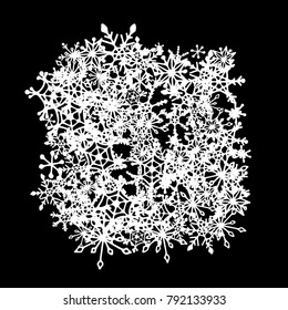 Winter Background with Doodle Snowflakes. Black and White Christmas Decoration. Cute Vector Pattern for Card, Poster, Banner. Frosty Cartoon Background in Trendy Style. Simple Hand Drawn Snowflakes