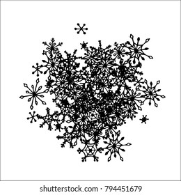 Winter Background with Doodle Snowflakes. Black and White Christmas Decoration. Cute Vector Pattern for Card, Poster, Banner. Frosty Cartoon Background in Trendy Style. Simple Hand Drawn Snowflakes