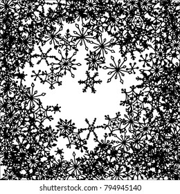 Winter Background with Doodle Snowflakes. Black and White Christmas Decoration. Cute Vector Pattern for Card, Poster, Banner. Frosty Cartoon Background in Trendy Style. Simple Hand Drawn Snowflakes