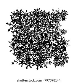 Winter Background with Doodle Snowflakes. Black and White Christmas Decoration. Cute Vector Pattern for Card, Poster, Banner. Frosty Cartoon Background in Trendy Style. Simple Hand Drawn Snowflakes