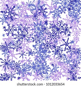Winter Background with Doodle Snowflakes. Blue Christmas Decoration. Cute Vector Pattern for Card, Poster, Banner. Frosty Cartoon Background in Trendy Style. Simple Hand Drawn Snowflakes
