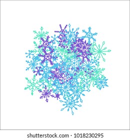 Winter Background with Doodle Snowflakes. Blue Christmas Decoration. Cute Vector Pattern for Card, Poster, Banner. Frosty Cartoon Background in Trendy Style. Simple Hand Drawn Snowflakes