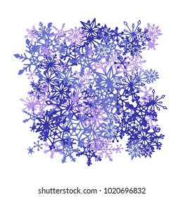 Winter Background with Doodle Snowflakes. Blue Christmas Decoration. Cute Vector Pattern for Card, Poster, Banner. Frosty Cartoon Background in Trendy Style. Simple Hand Drawn Snowflakes