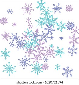 Winter Background with Doodle Snowflakes. Blue Christmas Decoration. Cute Vector Pattern for Card, Poster, Banner. Frosty Cartoon Background in Trendy Style. Simple Hand Drawn Snowflakes
