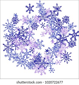 Winter Background with Doodle Snowflakes. Blue Christmas Decoration. Cute Vector Pattern for Card, Poster, Banner. Frosty Cartoon Background in Trendy Style. Simple Hand Drawn Snowflakes