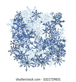 Winter Background with Doodle Snowflakes. Blue Christmas Decoration. Cute Vector Pattern for Card, Poster, Banner. Frosty Cartoon Background in Trendy Style. Simple Hand Drawn Snowflakes