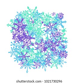 Winter Background with Doodle Snowflakes. Blue Christmas Decoration. Cute Vector Pattern for Card, Poster, Banner. Frosty Cartoon Background in Trendy Style. Simple Hand Drawn Snowflakes