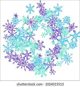 Winter Background with Doodle Snowflakes. Blue Christmas Decoration. Cute Vector Pattern for Card, Poster, Banner. Frosty Cartoon Background in Trendy Style. Simple Hand Drawn Snowflakes