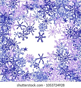 Winter Background with Doodle Snowflakes. Blue Christmas Decoration. Cute Vector Pattern for Card, Poster, Banner. Frosty Cartoon Background in Trendy Style. Simple Hand Drawn Snowflakes