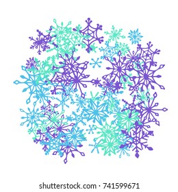Winter Background with Doodle Snowflakes. Blue Christmas Decoration. Cute Vector Pattern for Card, Poster, Banner. Frosty Cartoon Background in Trendy Style. Simple Hand Drawn Snowflakes
