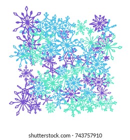 Winter Background with Doodle Snowflakes. Blue Christmas Decoration. Cute Vector Pattern for Card, Poster, Banner. Frosty Cartoon Background in Trendy Style. Simple Hand Drawn Snowflakes