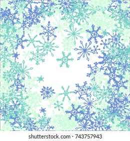 Winter Background with Doodle Snowflakes. Blue Christmas Decoration. Cute Vector Pattern for Card, Poster, Banner. Frosty Cartoon Background in Trendy Style. Simple Hand Drawn Snowflakes