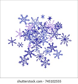 Winter Background with Doodle Snowflakes. Blue Christmas Decoration. Cute Vector Pattern for Card, Poster, Banner. Frosty Cartoon Background in Trendy Style. Simple Hand Drawn Snowflakes