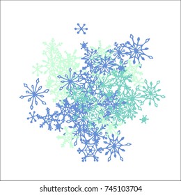 Winter Background with Doodle Snowflakes. Blue Christmas Decoration. Cute Vector Pattern for Card, Poster, Banner. Frosty Cartoon Background in Trendy Style. Simple Hand Drawn Snowflakes