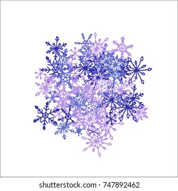 Winter Background with Doodle Snowflakes. Blue Christmas Decoration. Cute Vector Pattern for Card, Poster, Banner. Frosty Cartoon Background in Trendy Style. Simple Hand Drawn Snowflakes