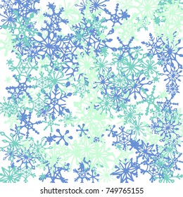 Winter Background with Doodle Snowflakes. Blue Christmas Decoration. Cute Vector Pattern for Card, Poster, Banner. Frosty Cartoon Background in Trendy Style. Simple Hand Drawn Snowflakes