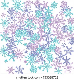 Winter Background with Doodle Snowflakes. Blue Christmas Decoration. Cute Vector Pattern for Card, Poster, Banner. Frosty Cartoon Background in Trendy Style. Simple Hand Drawn Snowflakes