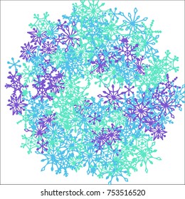 Winter Background with Doodle Snowflakes. Blue Christmas Decoration. Cute Vector Pattern for Card, Poster, Banner. Frosty Cartoon Background in Trendy Style. Simple Hand Drawn Snowflakes