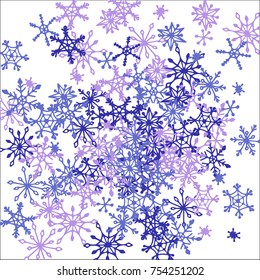 Winter Background with Doodle Snowflakes. Blue Christmas Decoration. Cute Vector Pattern for Card, Poster, Banner. Frosty Cartoon Background in Trendy Style. Simple Hand Drawn Snowflakes