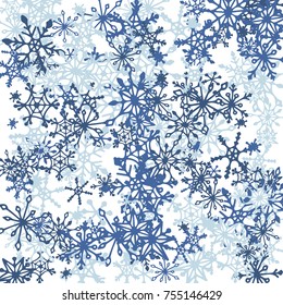 Winter Background with Doodle Snowflakes. Blue Christmas Decoration. Cute Vector Pattern for Card, Poster, Banner. Frosty Cartoon Background in Trendy Style. Simple Hand Drawn Snowflakes