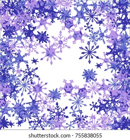Winter Background with Doodle Snowflakes. Blue Christmas Decoration. Cute Vector Pattern for Card, Poster, Banner. Frosty Cartoon Background in Trendy Style. Simple Hand Drawn Snowflakes