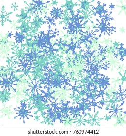 Winter Background with Doodle Snowflakes. Blue Christmas Decoration. Cute Vector Pattern for Card, Poster, Banner. Frosty Cartoon Background in Trendy Style. Simple Hand Drawn Snowflakes