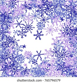 Winter Background with Doodle Snowflakes. Blue Christmas Decoration. Cute Vector Pattern for Card, Poster, Banner. Frosty Cartoon Background in Trendy Style. Simple Hand Drawn Snowflakes