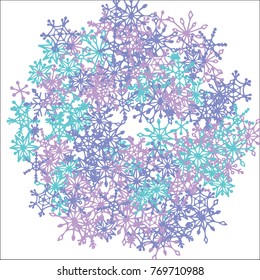 Winter Background with Doodle Snowflakes. Blue Christmas Decoration. Cute Vector Pattern for Card, Poster, Banner. Frosty Cartoon Background in Trendy Style. Simple Hand Drawn Snowflakes