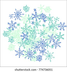 Winter Background with Doodle Snowflakes. Blue Christmas Decoration. Cute Vector Pattern for Card, Poster, Banner. Frosty Cartoon Background in Trendy Style. Simple Hand Drawn Snowflakes