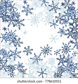 Winter Background with Doodle Snowflakes. Blue Christmas Decoration. Cute Vector Pattern for Card, Poster, Banner. Frosty Cartoon Background in Trendy Style. Simple Hand Drawn Snowflakes