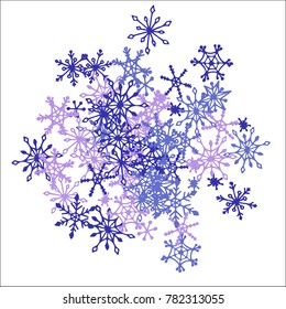 Winter Background with Doodle Snowflakes. Blue Christmas Decoration. Cute Vector Pattern for Card, Poster, Banner. Frosty Cartoon Background in Trendy Style. Simple Hand Drawn Snowflakes