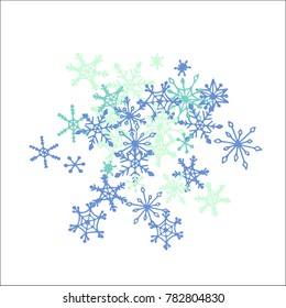 Winter Background with Doodle Snowflakes. Blue Christmas Decoration. Cute Vector Pattern for Card, Poster, Banner. Frosty Cartoon Background in Trendy Style. Simple Hand Drawn Snowflakes