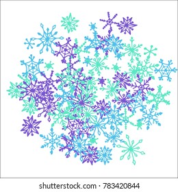 Winter Background with Doodle Snowflakes. Blue Christmas Decoration. Cute Vector Pattern for Card, Poster, Banner. Frosty Cartoon Background in Trendy Style. Simple Hand Drawn Snowflakes
