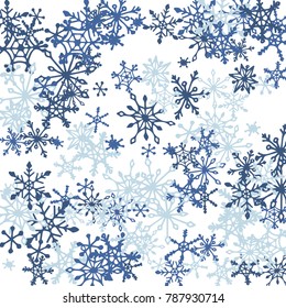 Winter Background with Doodle Snowflakes. Blue Christmas Decoration. Cute Vector Pattern for Card, Poster, Banner. Frosty Cartoon Background in Trendy Style. Simple Hand Drawn Snowflakes