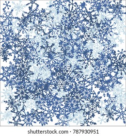 Winter Background with Doodle Snowflakes. Blue Christmas Decoration. Cute Vector Pattern for Card, Poster, Banner. Frosty Cartoon Background in Trendy Style. Simple Hand Drawn Snowflakes
