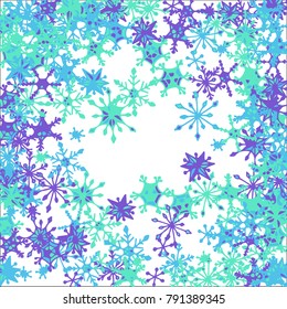 Winter Background with Doodle Snowflakes. Blue Christmas Decoration. Cute Vector Pattern for Card, Poster, Banner. Frosty Cartoon Background in Trendy Style. Simple Hand Drawn Snowflakes