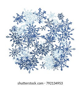 Winter Background with Doodle Snowflakes. Blue Christmas Decoration. Cute Vector Pattern for Card, Poster, Banner. Frosty Cartoon Background in Trendy Style. Simple Hand Drawn Snowflakes